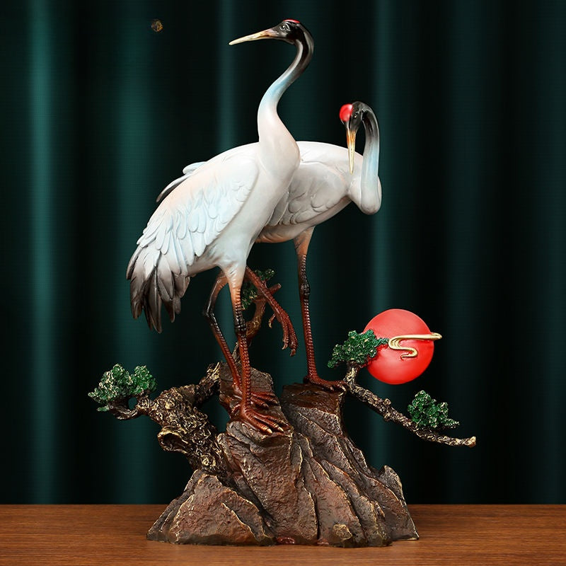 Pine & Crane Sculpture | Handcrafted Brass Art