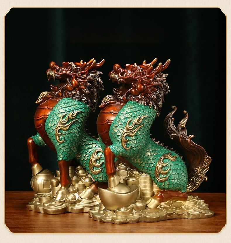 Brass Qilin with Ingot & Ball – Auspicious Feng Shui Guardian for Prosperity