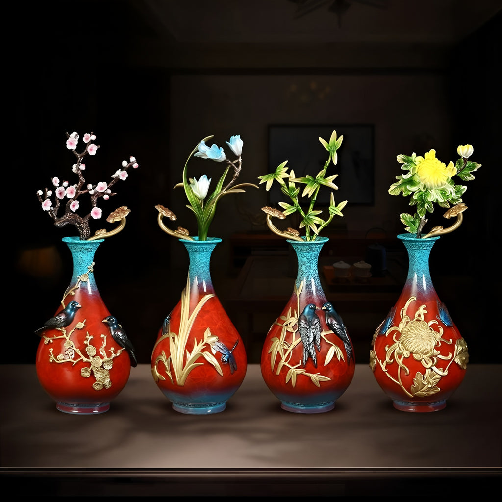 Brass "Four Gentlemen" Vase | Plum, Orchid, Bamboo & Chrysanthemum