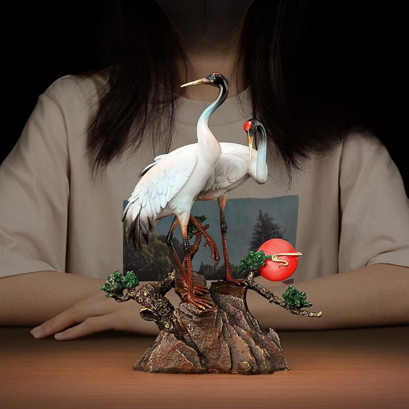 Pine & Crane Sculpture | Handcrafted Brass Art