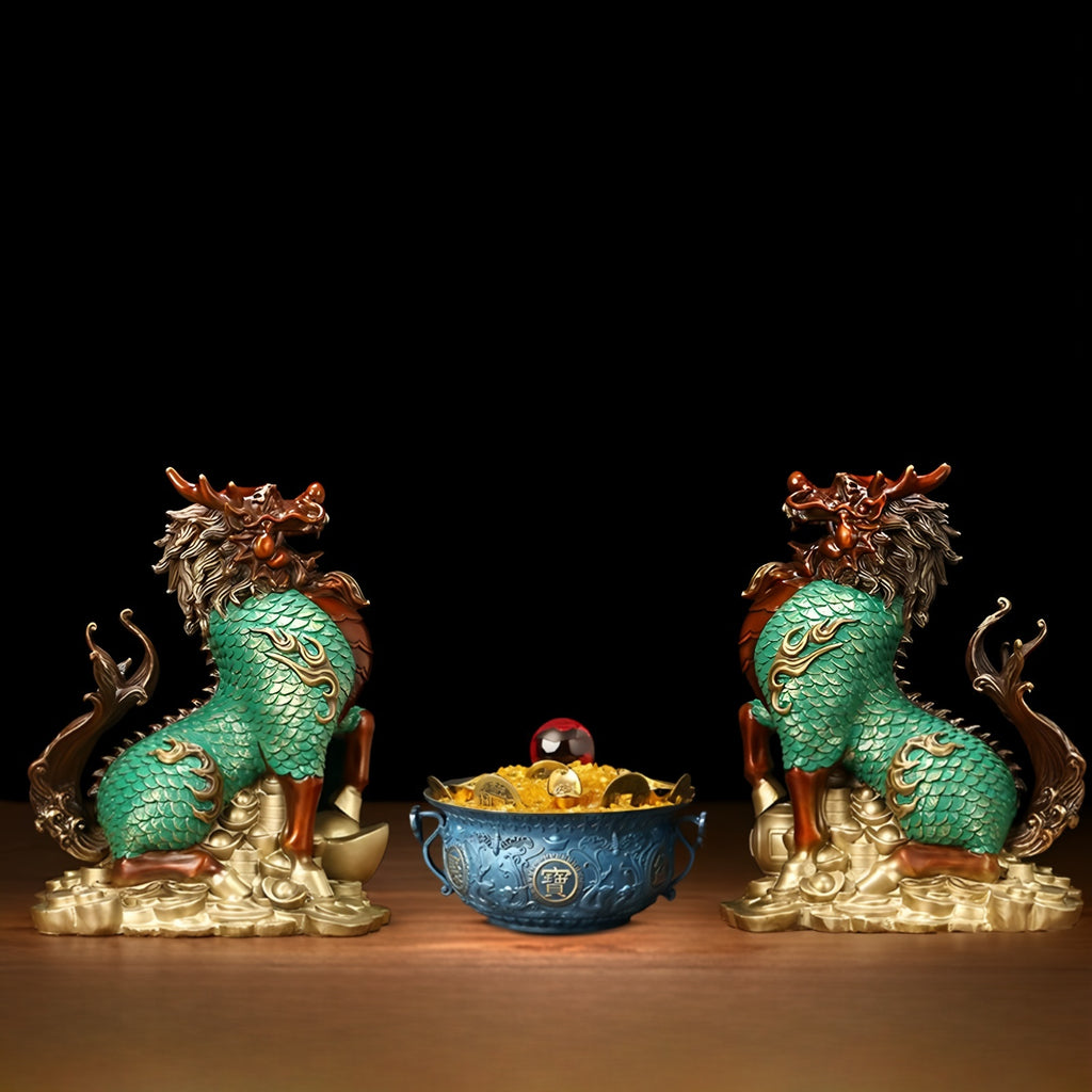 Brass Qilin with Ingot & Ball – Auspicious Feng Shui Guardian for Prosperity
